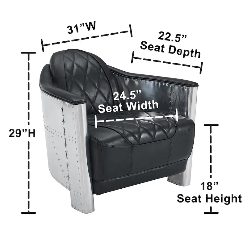 Fauteuil d'appoint rétro industriel en cuir pleine fleur kaki / noir / cognac / marron / gris avec cadre en aluminium, simple