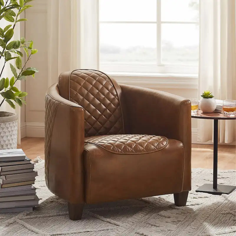 Fauteuil d'appoint rétro industriel en cuir pleine fleur kaki / noir / cognac / marron / gris avec cadre en aluminium, simple