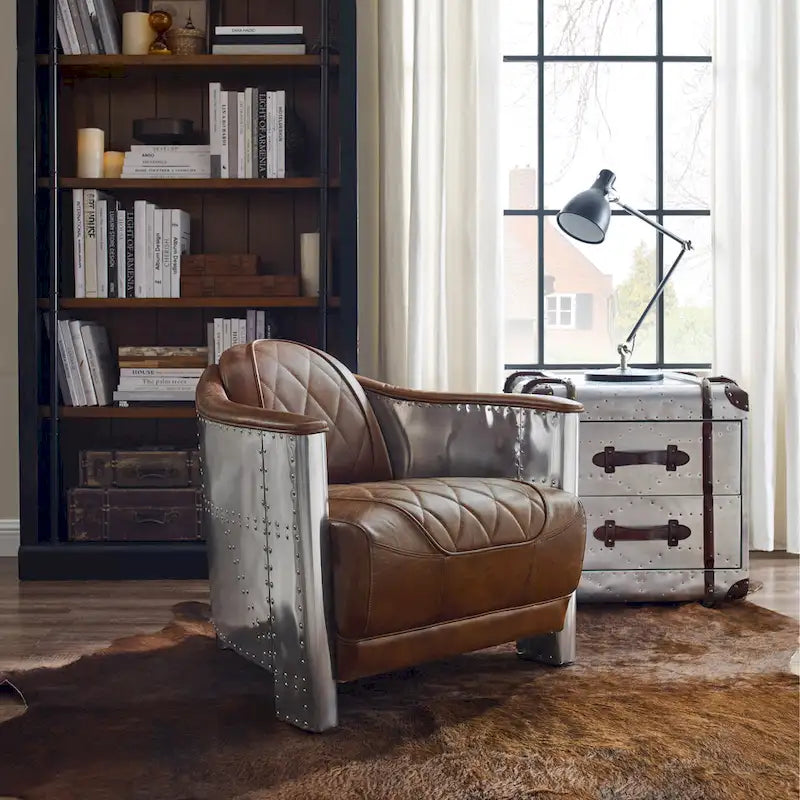 Fauteuil d'appoint rétro industriel en cuir pleine fleur kaki / noir / cognac / marron / gris avec cadre en aluminium, simple
