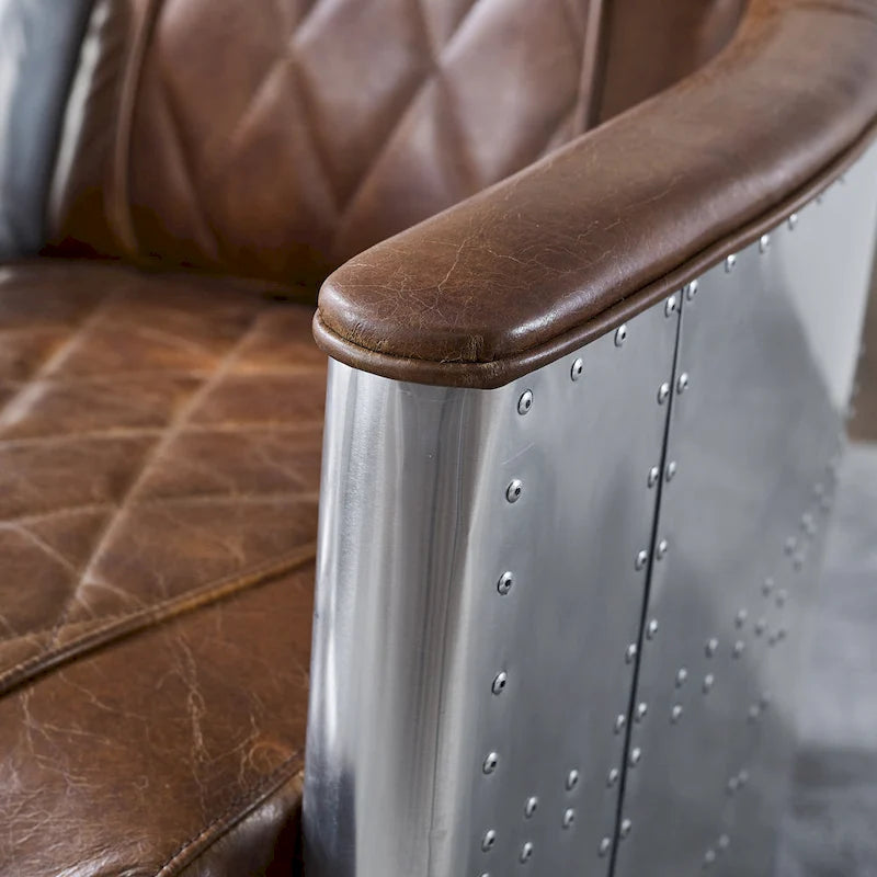 Fauteuil d'appoint rétro industriel en cuir pleine fleur kaki / noir / cognac / marron / gris avec cadre en aluminium, simple