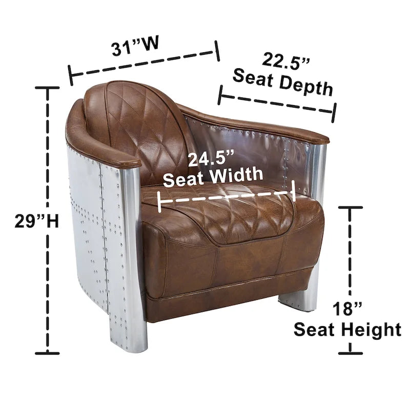 Fauteuil d'appoint rétro industriel en cuir pleine fleur kaki / noir / cognac / marron / gris avec cadre en aluminium, simple