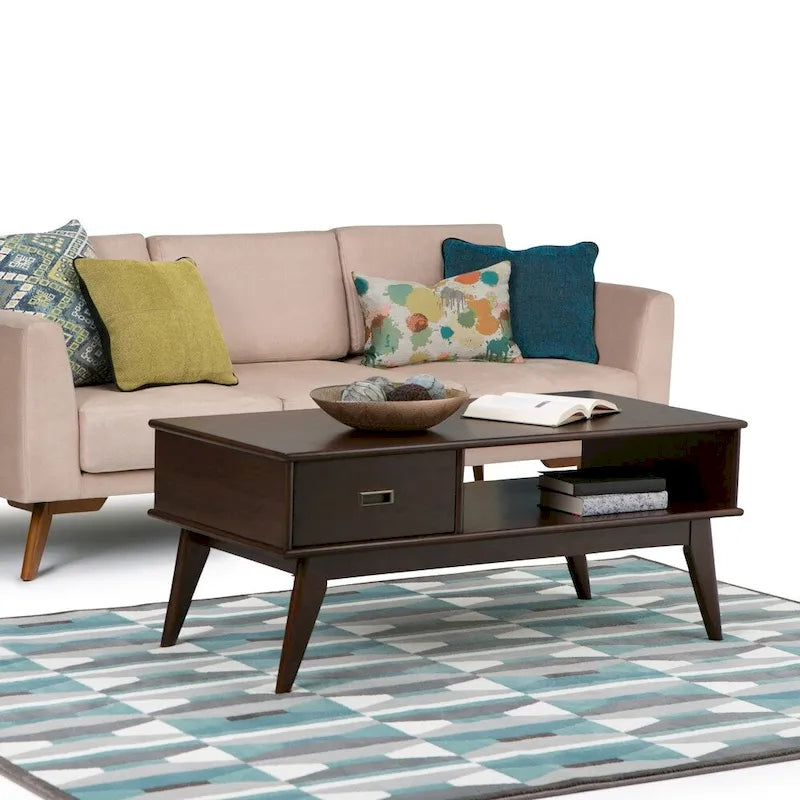 Table Basse Mid-Century Moderne, Brun Fauve / Brun Teck, Rectangulaire avec Rangement