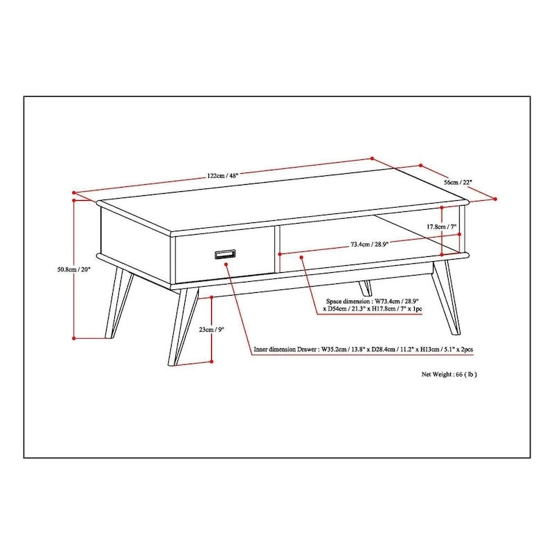 Table Basse Mid-Century Moderne, Brun Fauve / Brun Teck, Rectangulaire avec Rangement