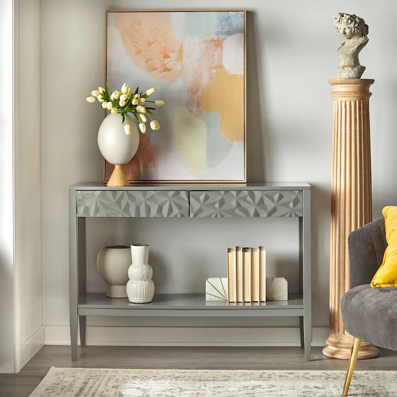 Table de canapé contemporaine gris anthracite / blanc / bleu nuit avec 2 tiroirs géométriques et étagère inférieure