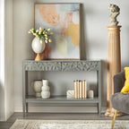 Table de canapé contemporaine gris anthracite / blanc / bleu nuit avec 2 tiroirs géométriques et étagère inférieure