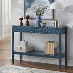 Table de canapé contemporaine gris anthracite / blanc / bleu nuit avec 2 tiroirs géométriques et étagère inférieure