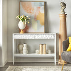 Table de canapé contemporaine gris anthracite / blanc / bleu nuit avec 2 tiroirs géométriques et étagère inférieure