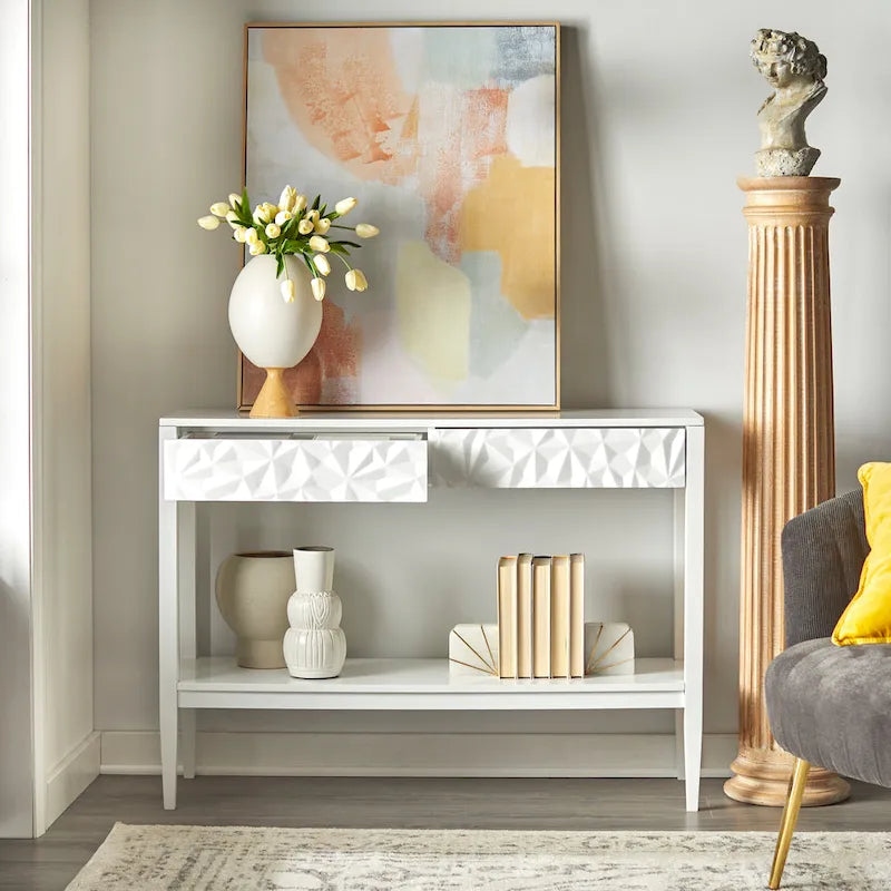 Table de canapé contemporaine gris anthracite / blanc / bleu nuit avec 2 tiroirs géométriques et étagère inférieure