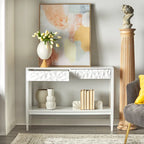 Table de canapé contemporaine gris anthracite / blanc / bleu nuit avec 2 tiroirs géométriques et étagère inférieure