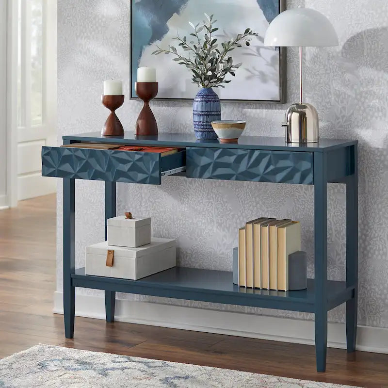Table de canapé contemporaine gris anthracite / blanc / bleu nuit avec 2 tiroirs géométriques et étagère inférieure