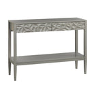 Table de canapé contemporaine gris anthracite / blanc / bleu nuit avec 2 tiroirs géométriques et étagère inférieure