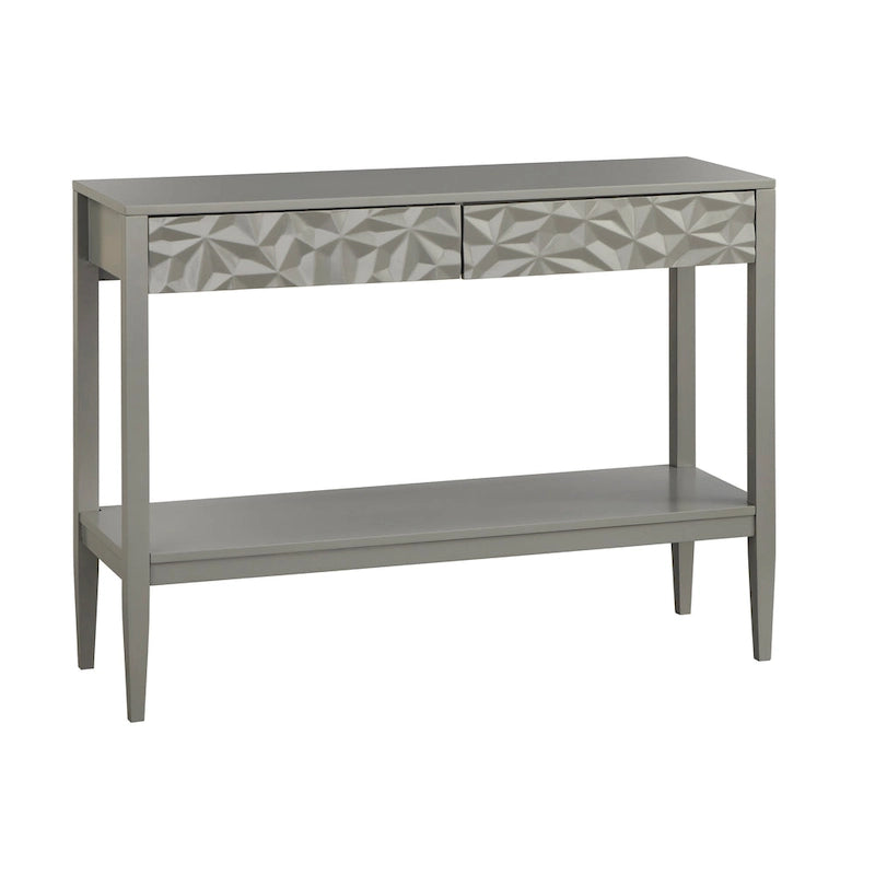 Table de canapé contemporaine gris anthracite / blanc / bleu nuit avec 2 tiroirs géométriques et étagère inférieure