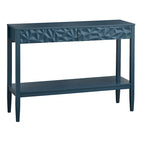 Table de canapé contemporaine gris anthracite / blanc / bleu nuit avec 2 tiroirs géométriques et étagère inférieure