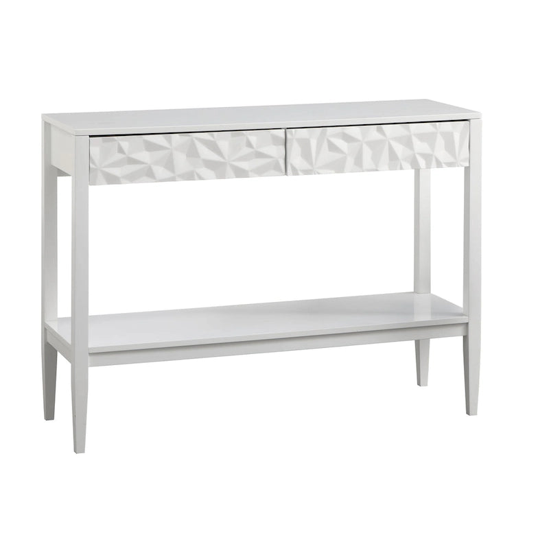 Table de canapé contemporaine gris anthracite / blanc / bleu nuit avec 2 tiroirs géométriques et étagère inférieure