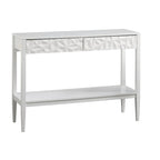 Table de canapé contemporaine gris anthracite / blanc / bleu nuit avec 2 tiroirs géométriques et étagère inférieure
