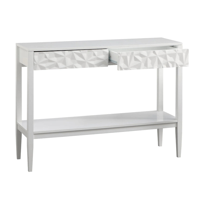 Table de canapé contemporaine gris anthracite / blanc / bleu nuit avec 2 tiroirs géométriques et étagère inférieure