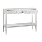 Table de canapé contemporaine gris anthracite / blanc / bleu nuit avec 2 tiroirs géométriques et étagère inférieure