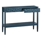 Table de canapé contemporaine gris anthracite / blanc / bleu nuit avec 2 tiroirs géométriques et étagère inférieure