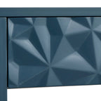 Table de canapé contemporaine gris anthracite / blanc / bleu nuit avec 2 tiroirs géométriques et étagère inférieure