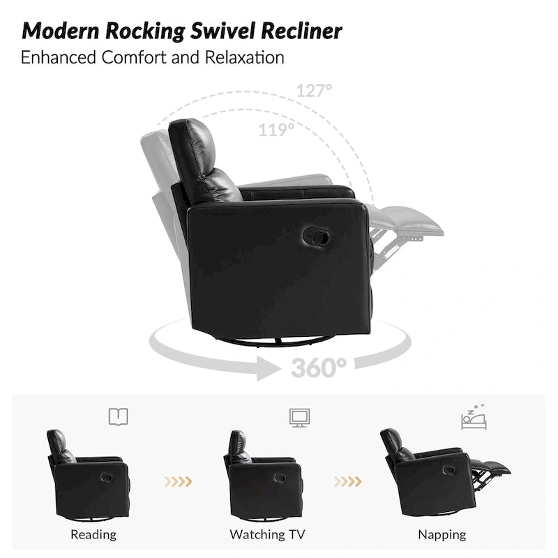 Fauteuil inclinable, pivotant et berçant moderne en cuir véritable noir/bleu marine/gris avec appuie-tête réglable, individuel