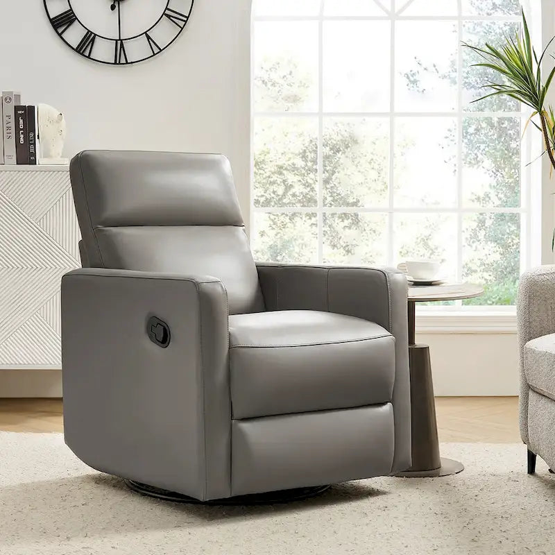 Fauteuil inclinable, pivotant et berçant moderne en cuir véritable noir/bleu marine/gris avec appuie-tête réglable, individuel