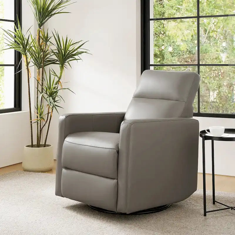 Fauteuil inclinable, pivotant et berçant moderne en cuir véritable noir/bleu marine/gris avec appuie-tête réglable, individuel
