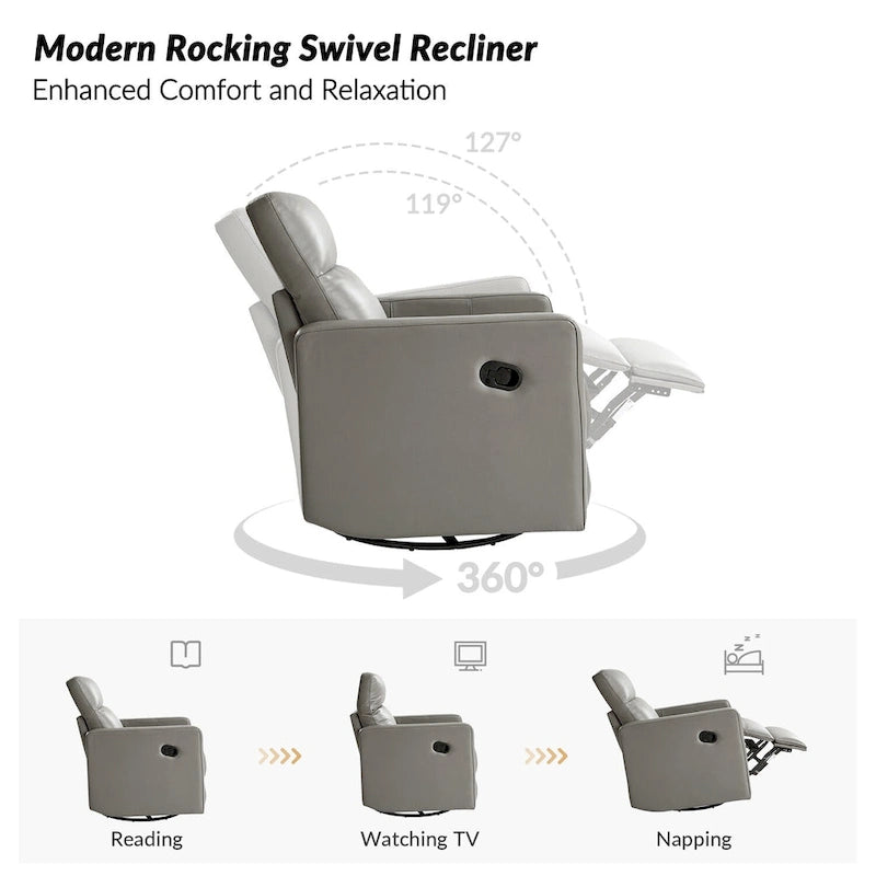 Fauteuil inclinable, pivotant et berçant moderne en cuir véritable noir/bleu marine/gris avec appuie-tête réglable, individuel