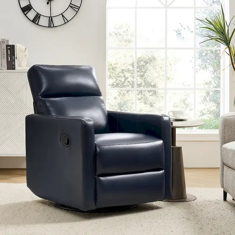 Fauteuil inclinable, pivotant et berçant moderne en cuir véritable noir/bleu marine/gris avec appuie-tête réglable, individuel