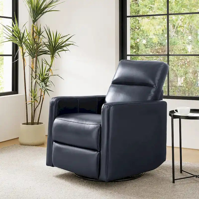 Fauteuil inclinable, pivotant et berçant moderne en cuir véritable noir/bleu marine/gris avec appuie-tête réglable, individuel