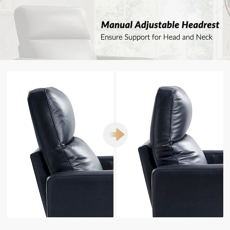 Fauteuil inclinable, pivotant et berçant moderne en cuir véritable noir/bleu marine/gris avec appuie-tête réglable, individuel