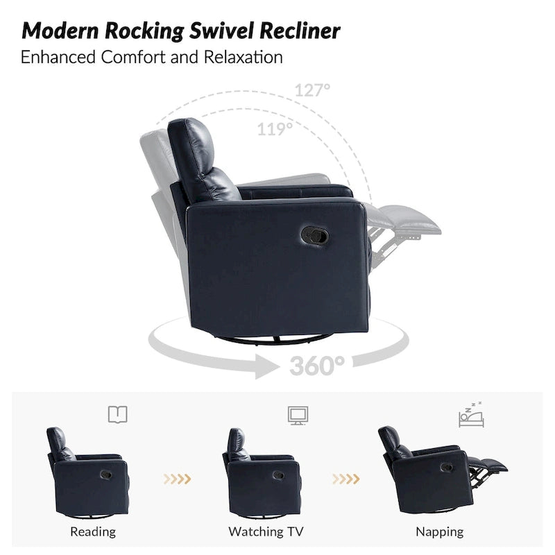 Fauteuil inclinable, pivotant et berçant moderne en cuir véritable noir/bleu marine/gris avec appuie-tête réglable, individuel