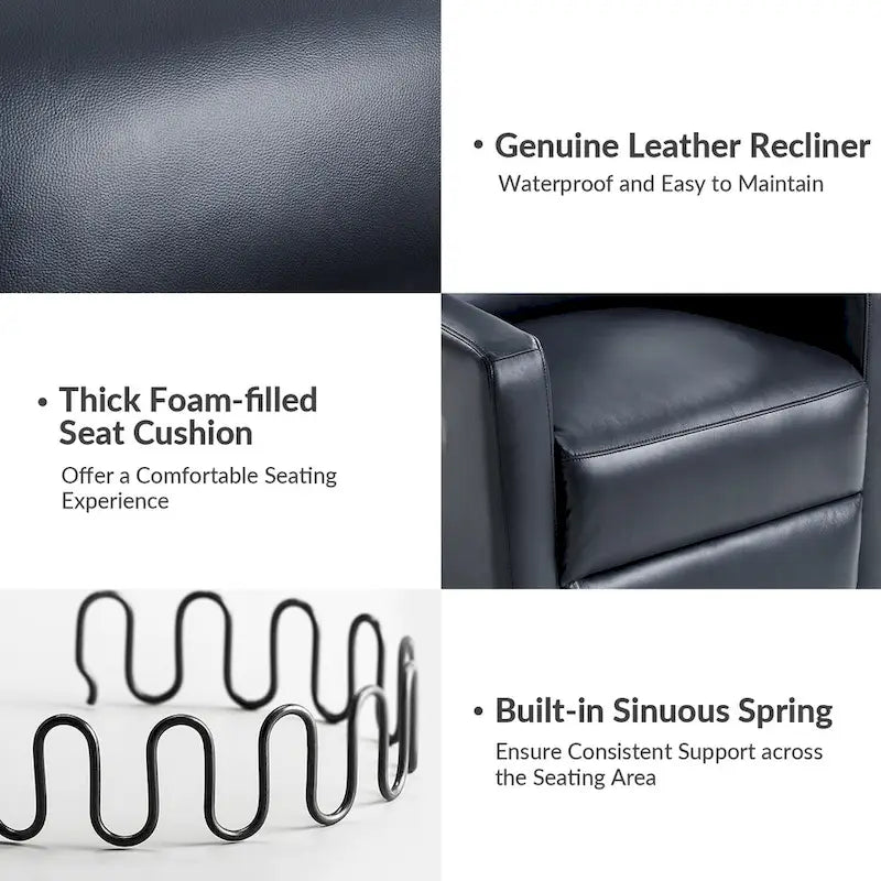 Fauteuil inclinable, pivotant et berçant moderne en cuir véritable noir/bleu marine/gris avec appuie-tête réglable, individuel