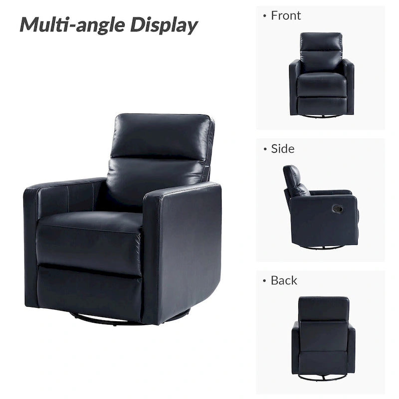 Fauteuil inclinable, pivotant et berçant moderne en cuir véritable noir/bleu marine/gris avec appuie-tête réglable, individuel