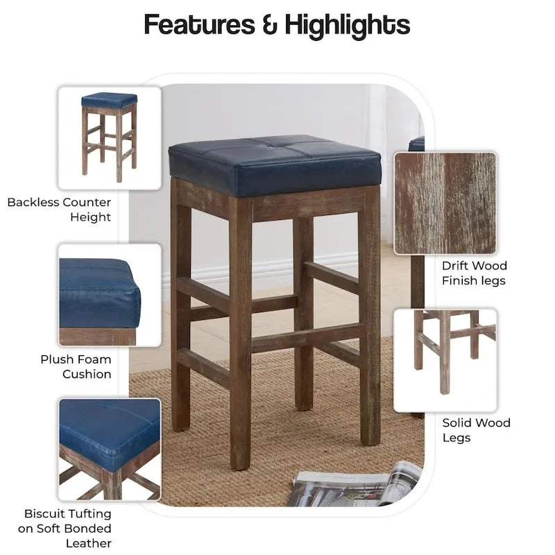 Tabouret de comptoir sans dossier, gris vintage / bleu vintage, cuir reconstitué, à l'unité