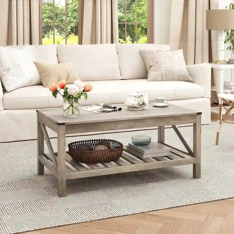 Table basse de ferme avec étagère de rangement à lattes, gris délavé / noir / marron et blanc