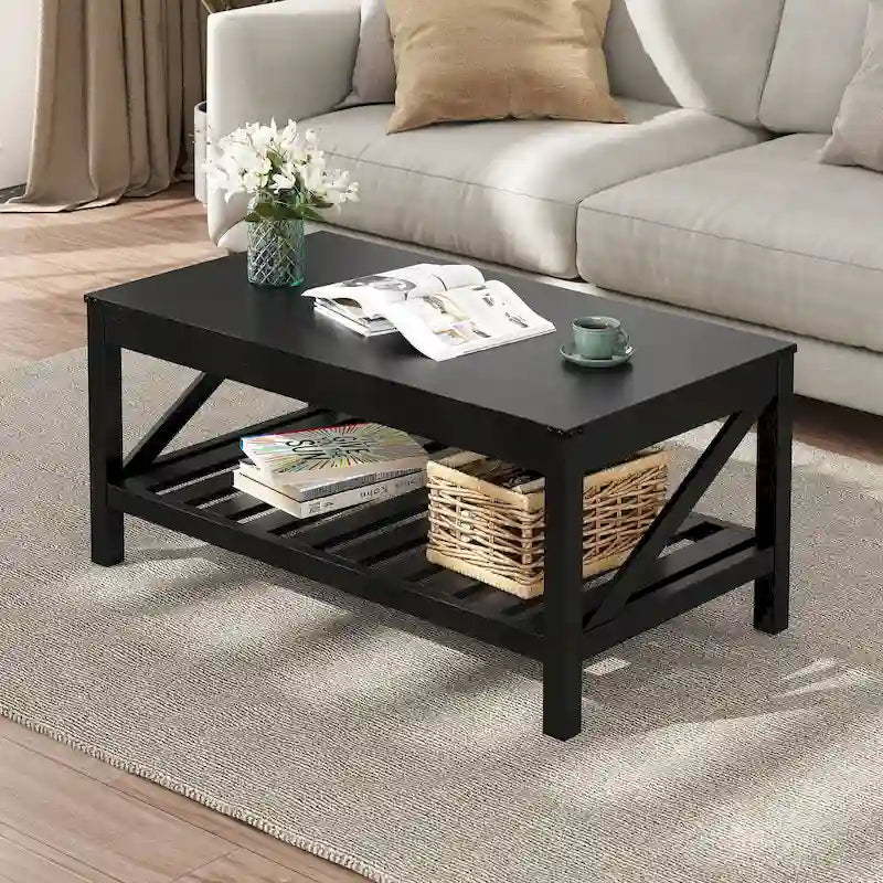Table basse de ferme avec étagère de rangement à lattes, gris délavé / noir / marron et blanc