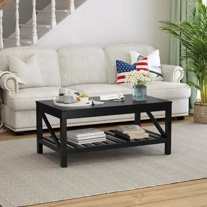 Table basse de ferme avec étagère de rangement à lattes, gris délavé / noir / marron et blanc