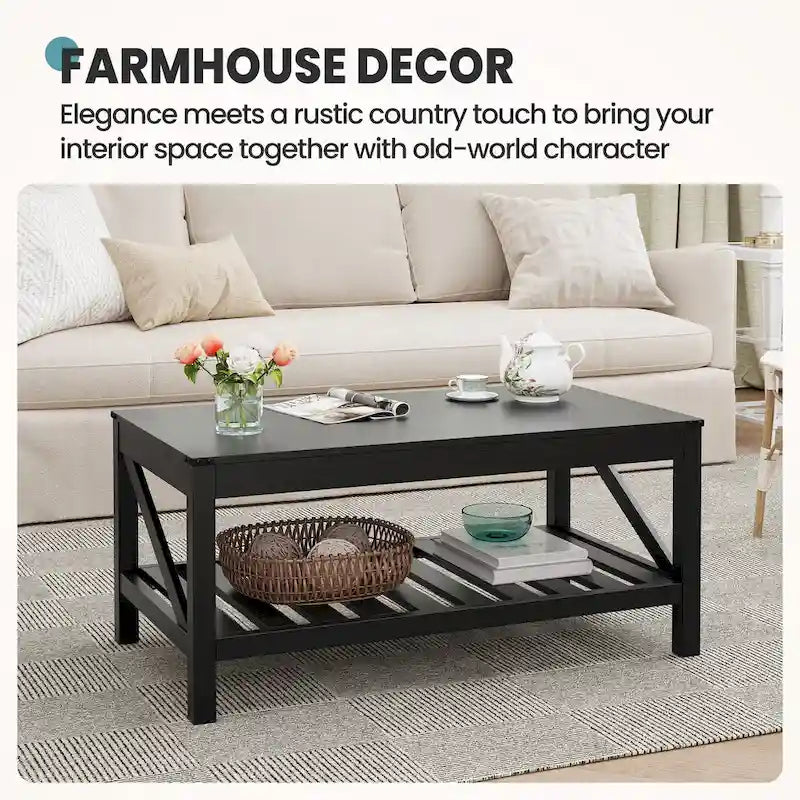 Table basse de ferme avec étagère de rangement à lattes, gris délavé / noir / marron et blanc
