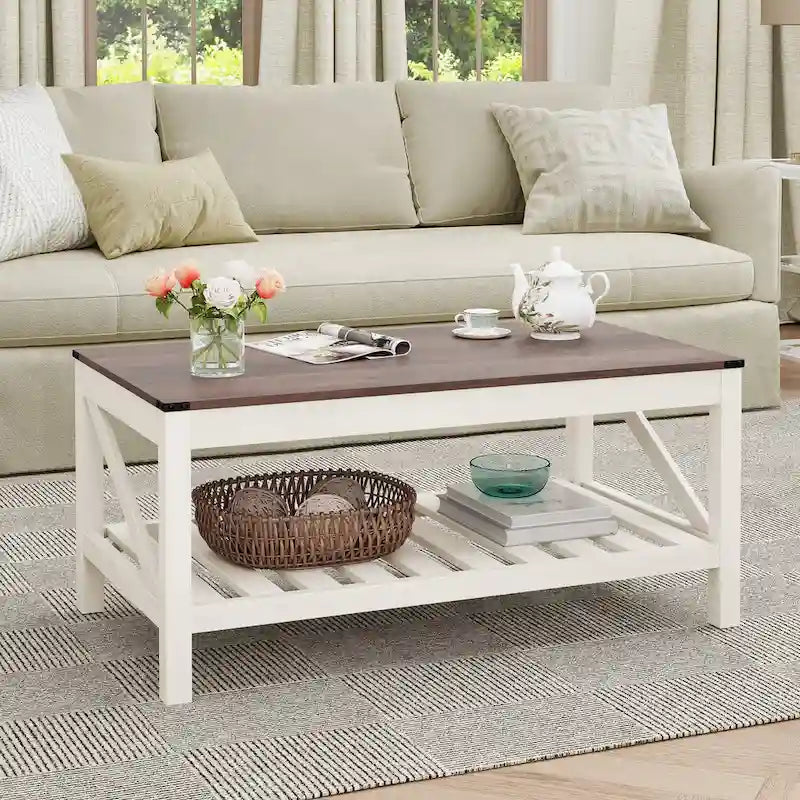 Table basse de ferme avec étagère de rangement à lattes, gris délavé / noir / marron et blanc