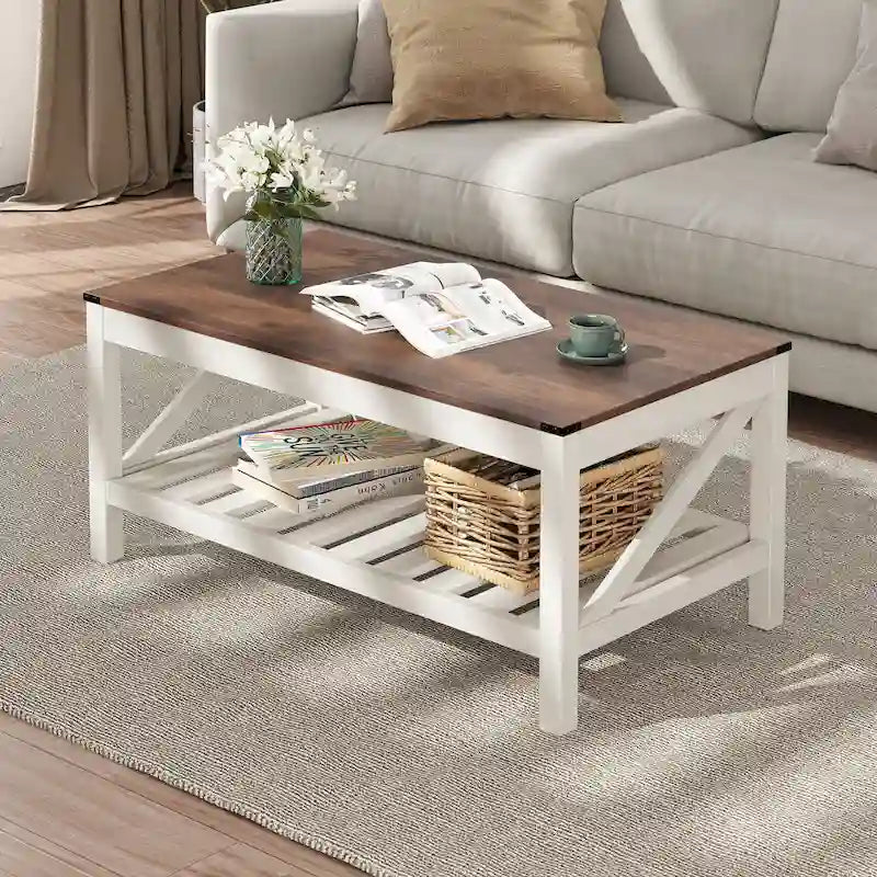 Table basse de ferme avec étagère de rangement à lattes, gris délavé / noir / marron et blanc