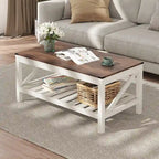 Table basse de ferme avec étagère de rangement à lattes, gris délavé / noir / marron et blanc