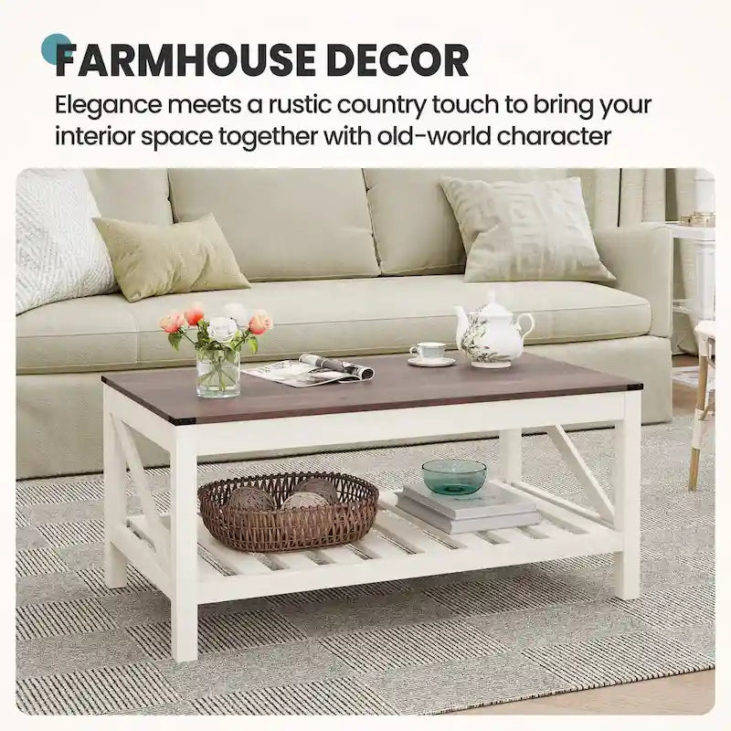 Table basse de ferme avec étagère de rangement à lattes, gris délavé / noir / marron et blanc
