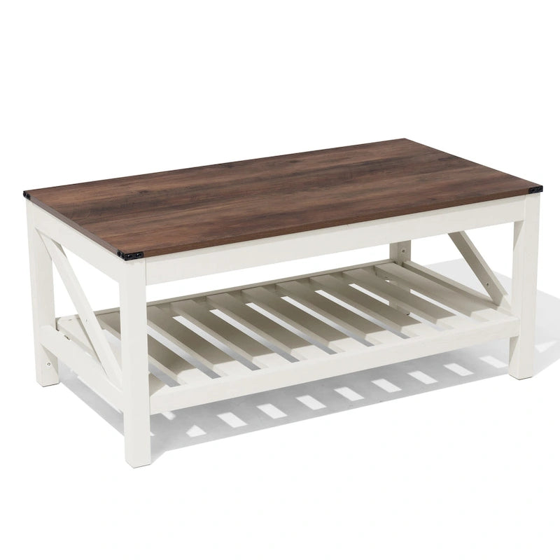 Table basse de ferme avec étagère de rangement à lattes, gris délavé / noir / marron et blanc