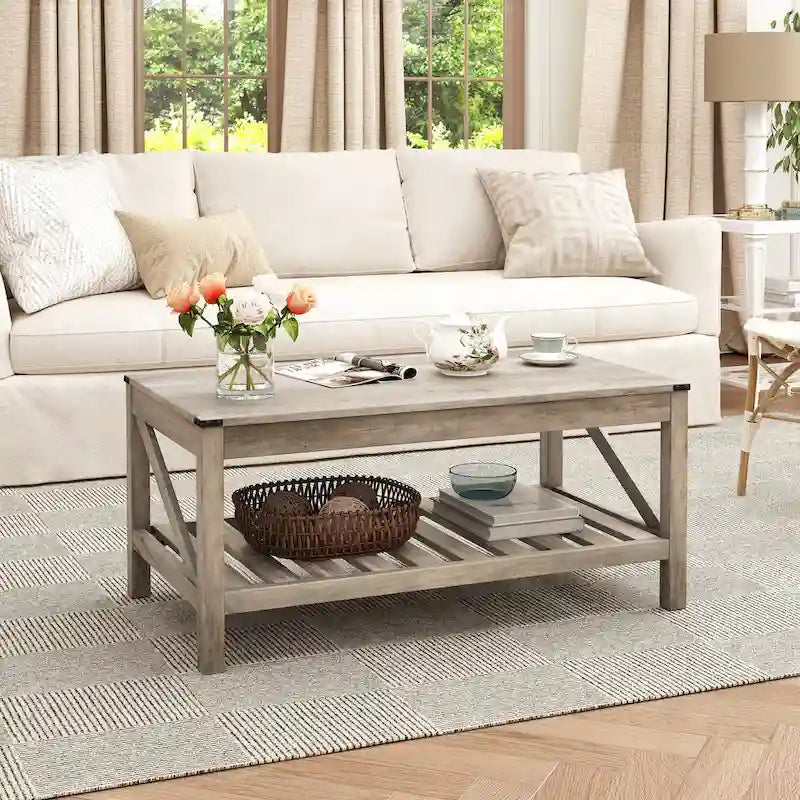 Table basse de ferme avec étagère de rangement à lattes, gris délavé / noir / marron et blanc
