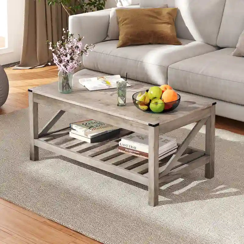Table basse de ferme avec étagère de rangement à lattes, gris délavé / noir / marron et blanc