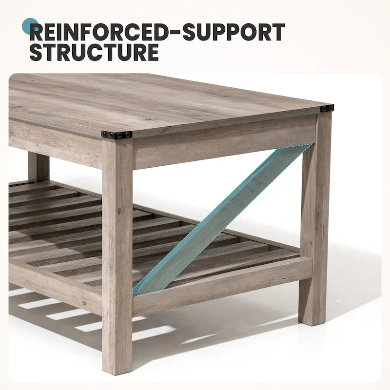 Table basse de ferme avec étagère de rangement à lattes, gris délavé / noir / marron et blanc