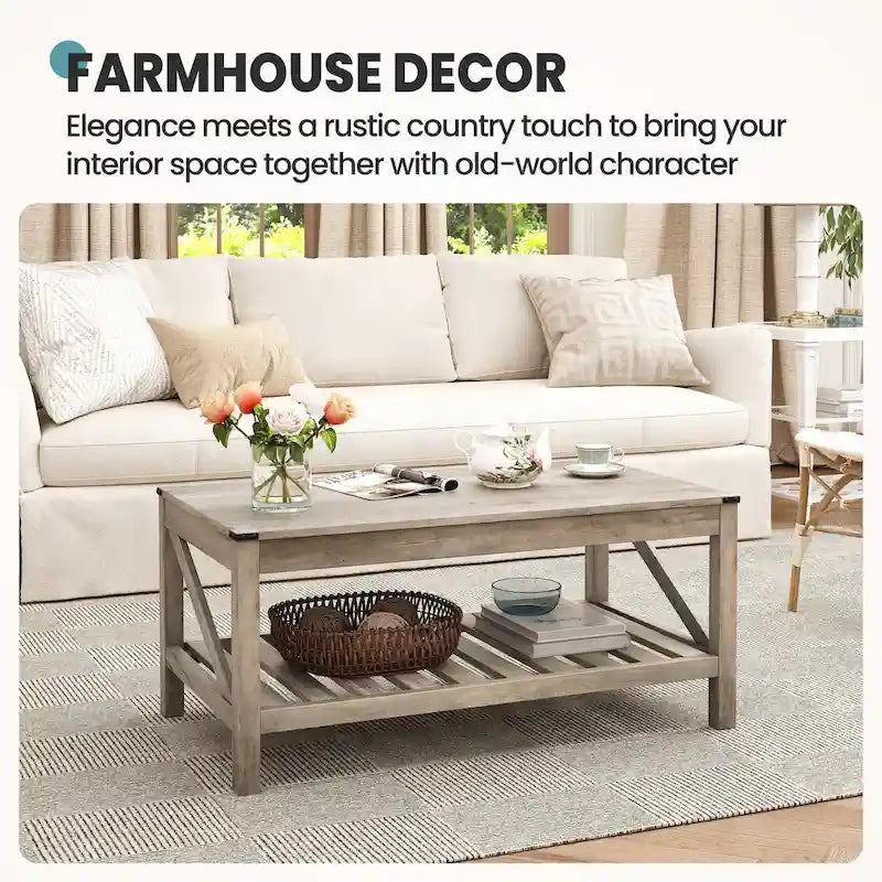 Table basse de ferme avec étagère de rangement à lattes, gris délavé / noir / marron et blanc