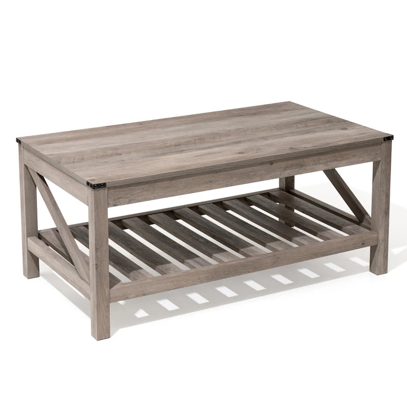 Table basse de ferme avec étagère de rangement à lattes, gris délavé / noir / marron et blanc