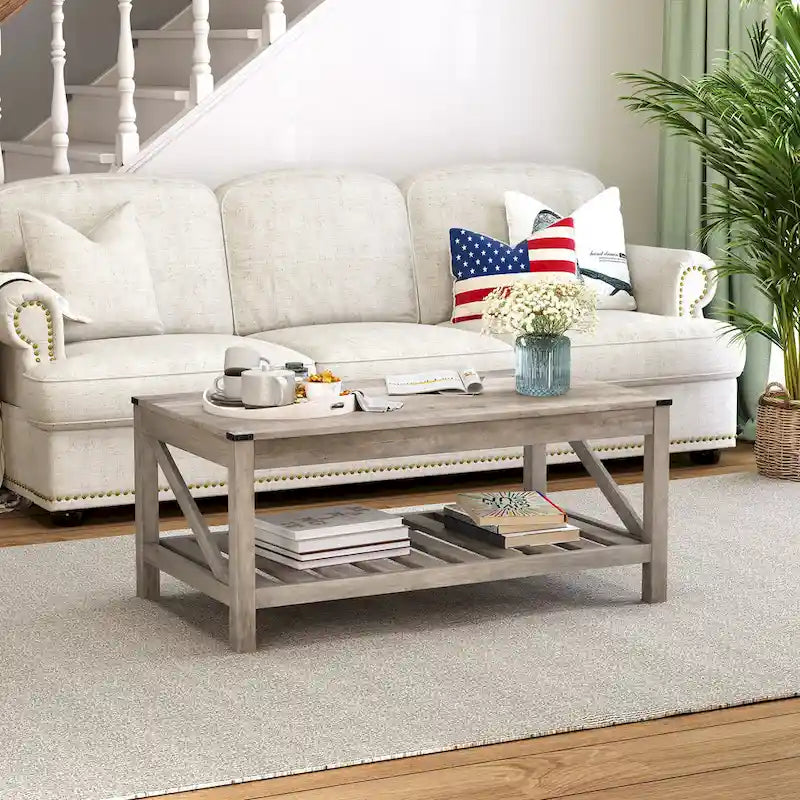Table basse de ferme avec étagère de rangement à lattes, gris délavé / noir / marron et blanc