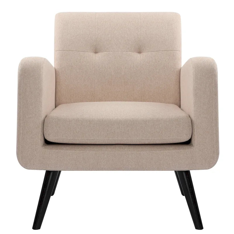 Fauteuil d'appoint en tissu capitonné du milieu du siècle beige/bleu/gris avec pieds en bois d'hévéa, simple